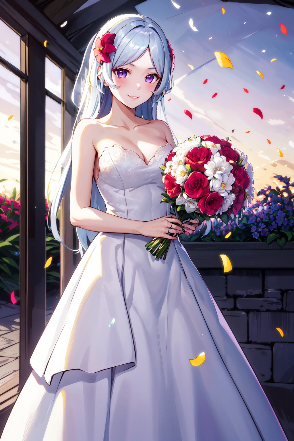 masterpiece, best quality, highres, aafreya, long hair, hair ornament, swept bangs, purple eyes, <lora:freya_(danmanchi)_v2:0.7>, wedding dress, white dress, garden, standing, holding bouquet, smile, confetti, 