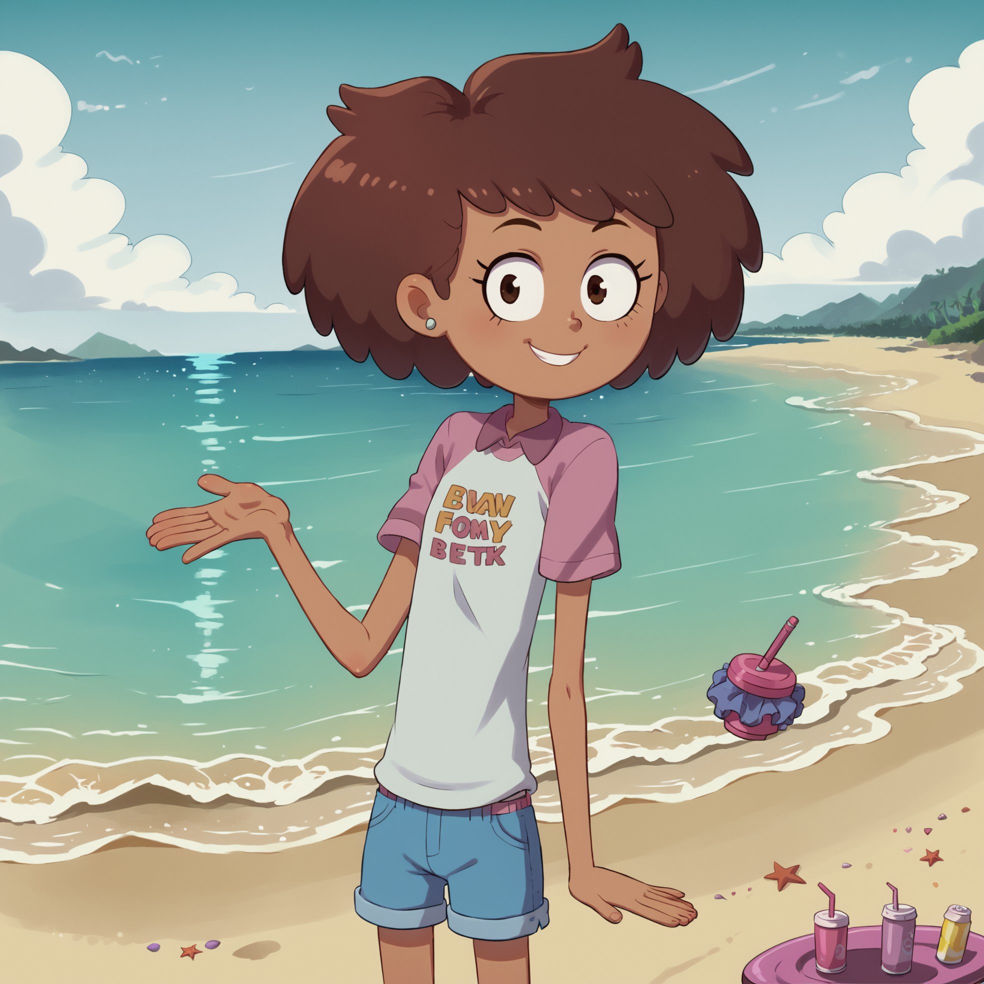 <lora:Amphibas_Anne_Boonchuy-000033:0.7> Anne Boonchuy, ((1girl)), ((age ten)), ((((short)))), (short torso), beach, shirt, shorts, ((score_9)), looking at viewer, smiling, anime