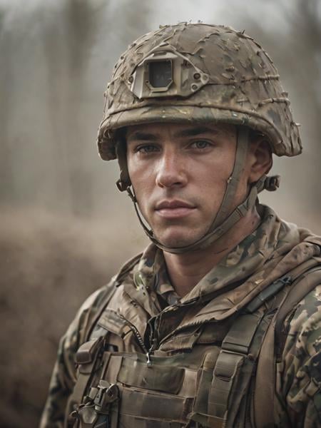 A photo of a soldier in uniform, capturing a moment of quiet reflection, with their eyes telling a story of resilience, duty, and the weight of their experiences.