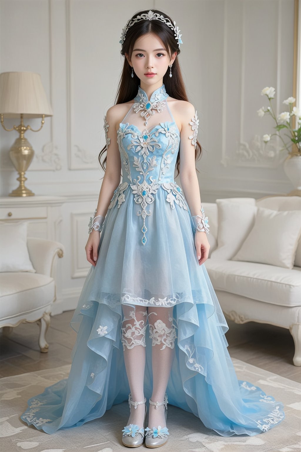 full body for a girl. She wears a delicate blue and silver with intricate floral,  high-neck dress,  blue eyes by 天TIN on...
