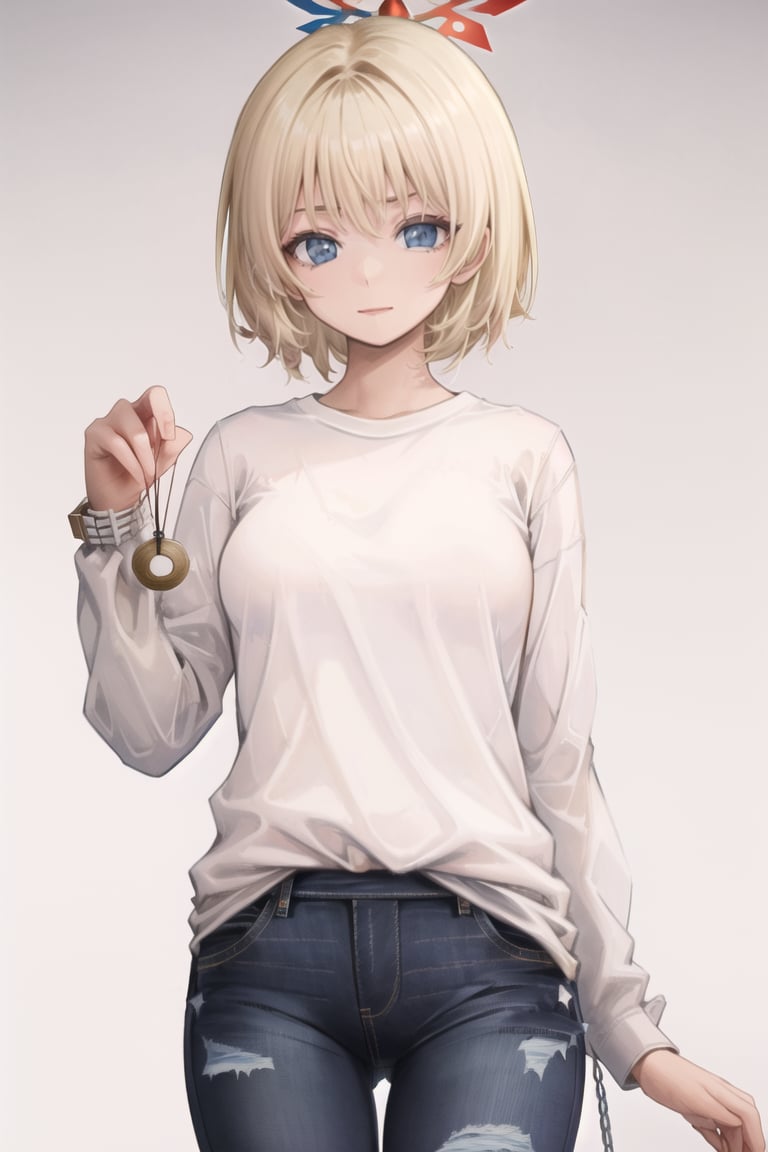 masterpiece, best quality, CG, wallpaper, HDR, high quality, high-definition, extremely detailed, hypnotizing viewer, holding pendulum, white shirt, jeans, blonde hair, short hair, blue eyes