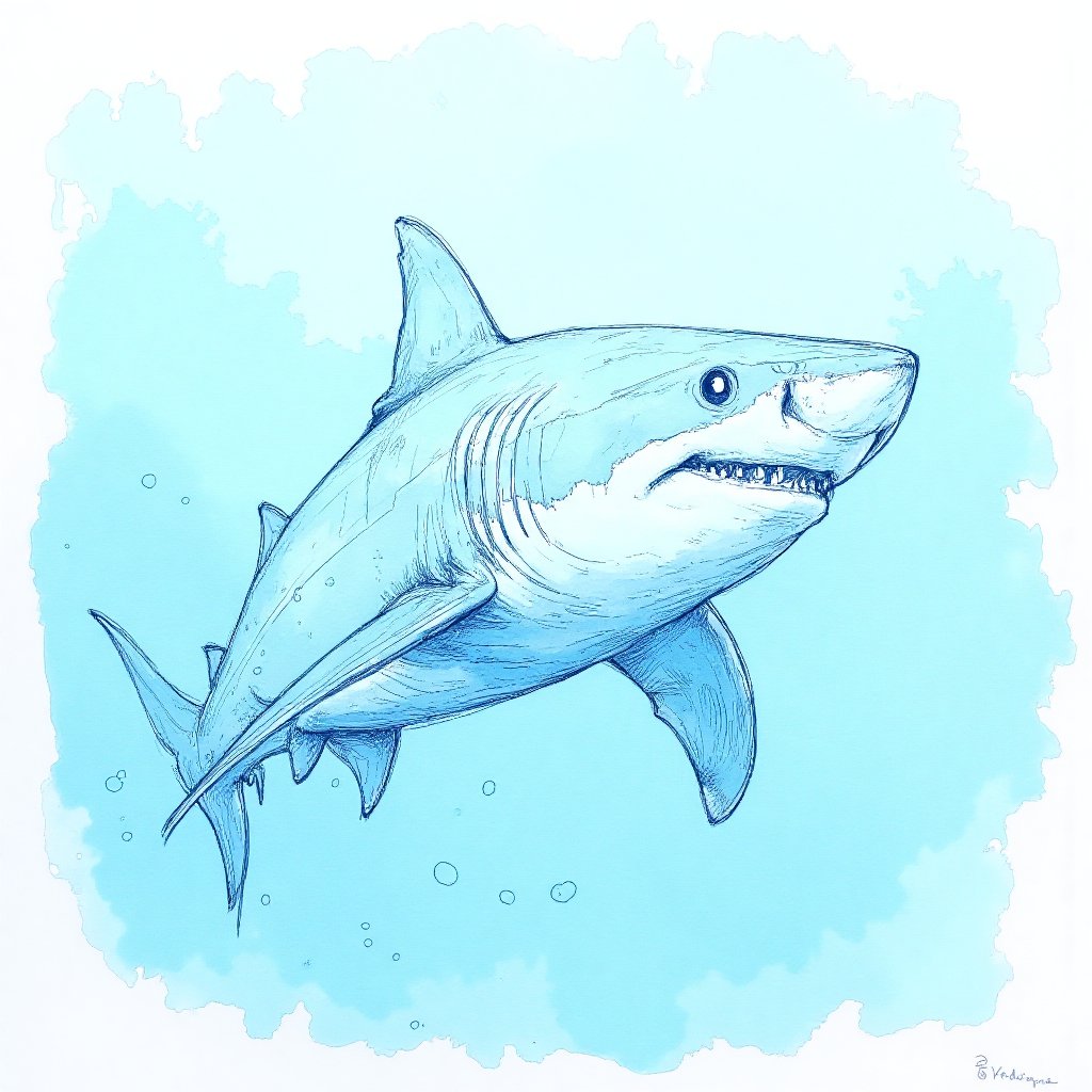 a color pop sketch of a blue shark underwater by Aleks_Baskakov on Tensor.Art