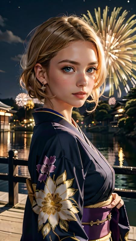 (best quality, masterpiece, colorful, dynamic angle, highest detailed) Realistic photo, fashion photography of a cute European girl with iridiscent blonde hair, flirting with POV, in traditional japanese gold&black kimono, ultra detailed kimono textures, perfect night, kyoto, fireworks, (intricate details, hyperdetailed:1.15), detailed, moonlight passing through hair, (official art, extreme detailed, highest detailed), HDR+