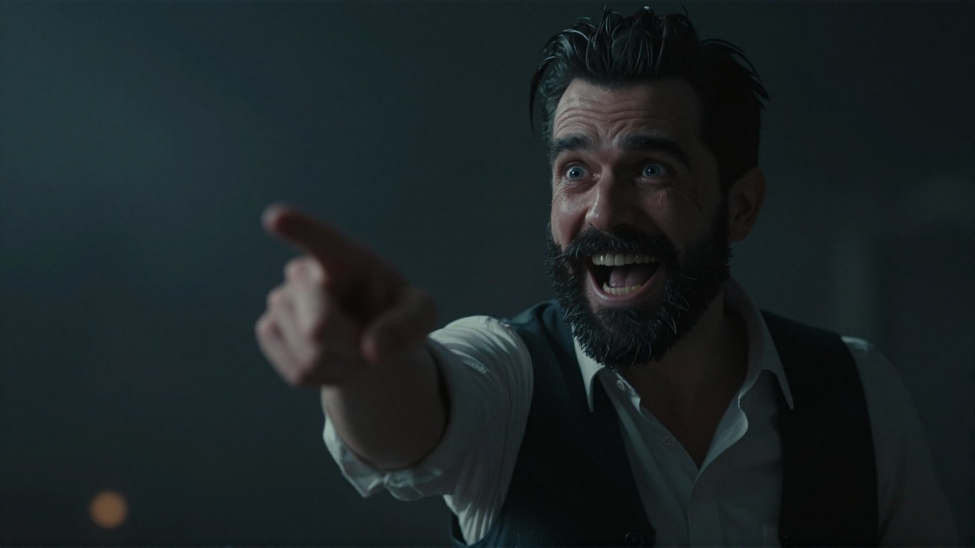 cinematic film still of cinematic style,  In 3D rendering style,  a dark themed image of a man with a beard and a mustache...