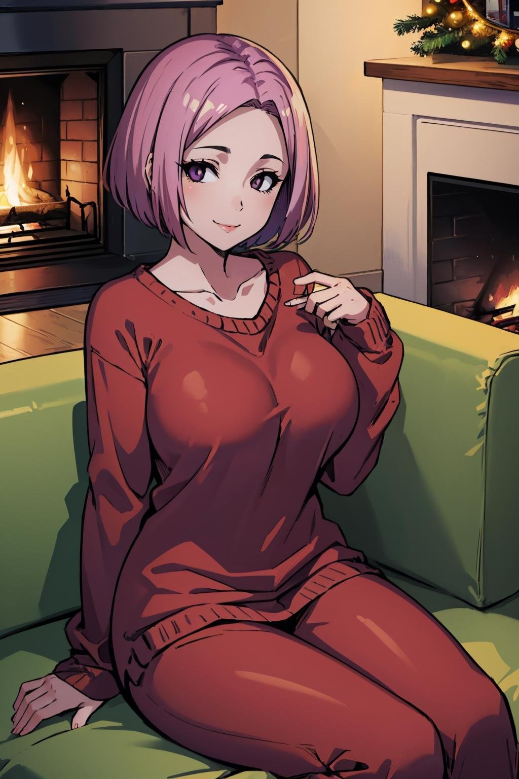 masterpiece, best quality, <lora:sovwitches-nvwls-v1-000009:0.8> hestia, black sclera, white eyes, short hair, purple skin, large breasts, purple sweater, cable-knit sweater, pajama pants, sitting, couch, christmas present, smile, fireplace