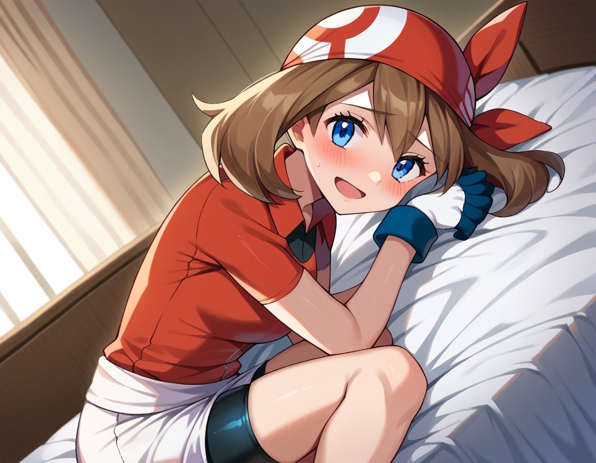 score_9, score_8_up, score_7_up, source_anime,pokemonmay, <lora:pokemon-may-ponyxl-lora-nochekaiser:1>pokemonmay, blue eyes, brown hair, bandana, long hair, red bandana, twintails, hair between eyes,bike shorts, collared shirt, gloves, microskirt, multicolored shirt, pencil skirt, red shirt, shirt, short sleeves, skirt, white skirt,indoors, bed, bed room, on side, blush, drunk,looking at viewer, cowboy shot, dutch angle,