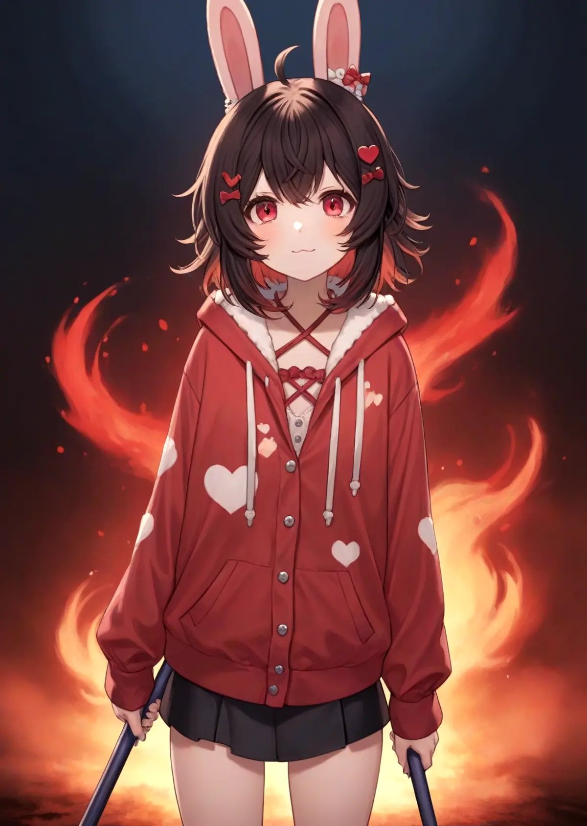 pippa, :3 rabbit ears, bangs, closed mouth, rabbit girl, sleeves past wrists, solo, twin braids, virtual youtuber, ahoge,pipi hairclip, heart hairclip, bow hairclip, bunny hairclip, red bow hairclip, tiny heart hairclip,(red eyes, dark black hair, bloody, blood stained clothes, short hair, evil, sinister, fire,)((dark, night, blood moon, foggy, full body, holding a baseball bat)),(((best quality, ultra-detailed, shading, sharpness, volumetric lighting, cowboy shot))) <lora:PIPPA-XL-t9-000001:0.6>