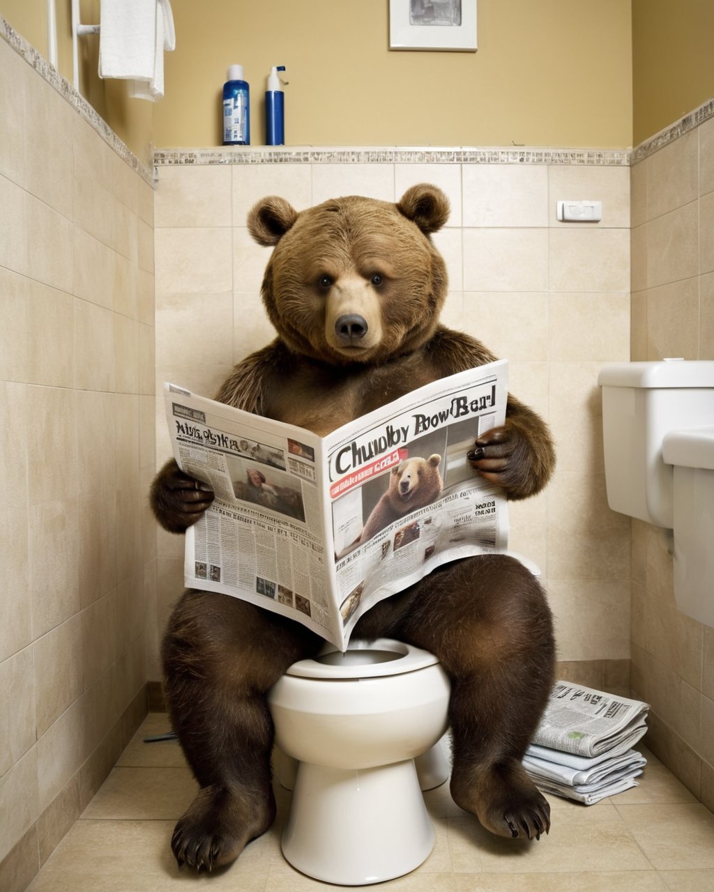 chubby brown bear  sitting on toilet and reading newspaper