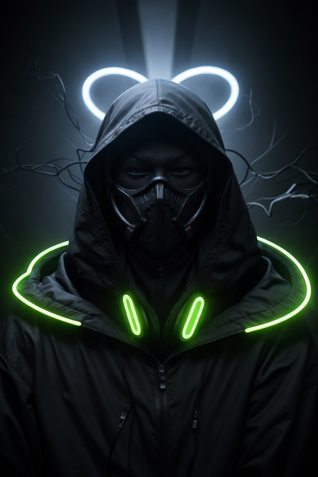 Man, anonymous mask, yellow neon mask, digital art, discord profile picture, vantablack chiaroscuro, black hooded, no eyes, glowing halo over head, neon inc, blue neon fog