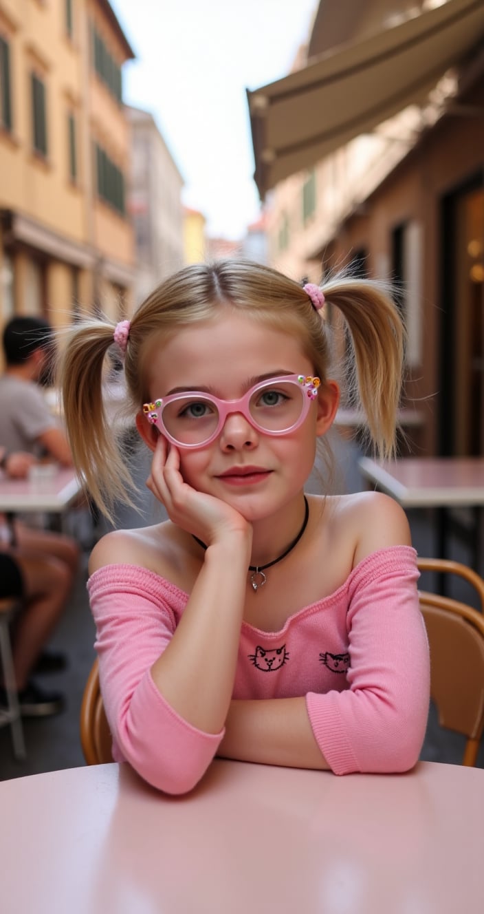 portrait photo of a young girl,  she is wearing a pink hello kitty off-shoulder crop top,  and long shoulder-length skinti...