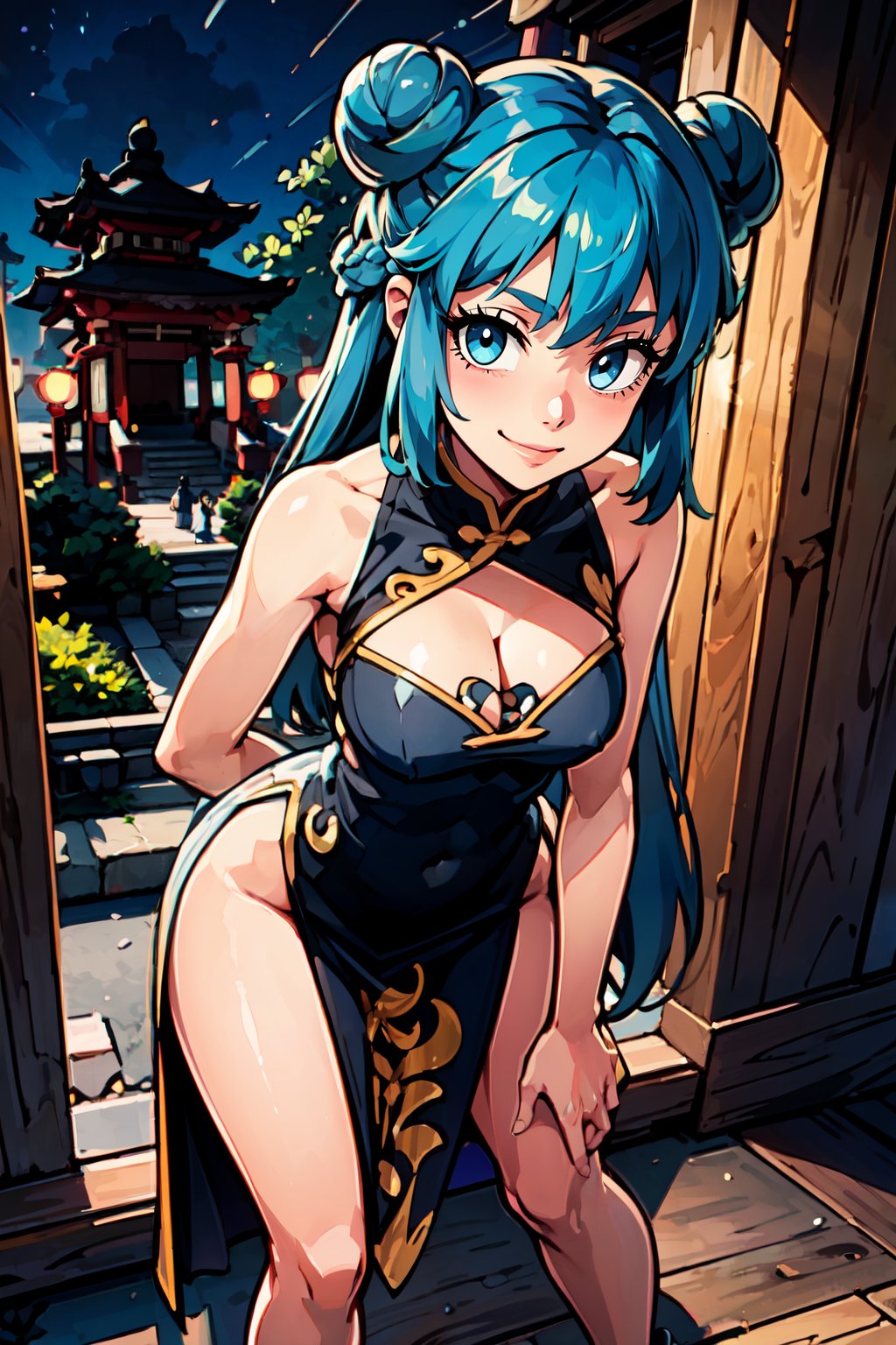 ((masterpiece,best quality)), absurdres,   <lora:Dawn_v5:0.7>,   zzDawn, blue hair, blue eyes, sidelocks, long hair,   china dress, pelvic curtain, side slit, double bun, bun cover, cleavage cutout, sleeveless, print dress, covered navel, no panties, outdoors, night, torii, shrine, east asian architecture, leaning forward, hand on own thigh, from above, smile,