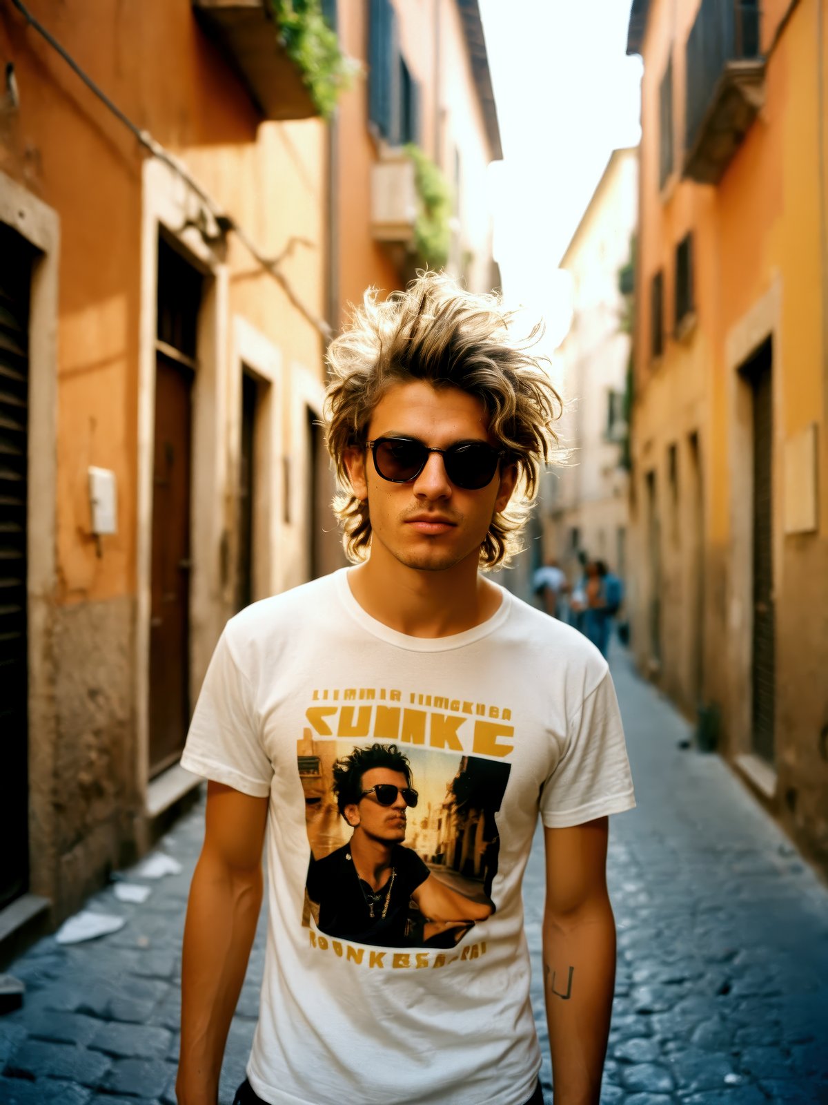 A analogue photo of a young man with messy hair and sunglasses, sunlit alleyway, Rome, Punk tee shirt, relaxed vibe, classic film grain, muted colors, nostalgic atmosphere, light leaks, color fading, vignetting, shot on kodak portra 400, expired film