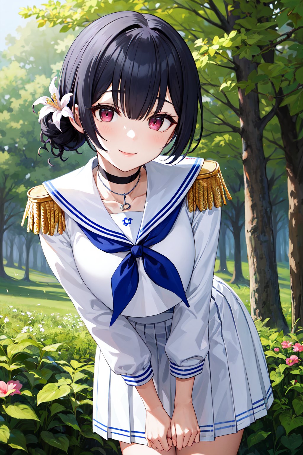 masterpiece, best quality, highres, ggrinze, short hair, single hair bun, hair flower, black choker, necklace, white serafuku, white sailor collar, blue neckerchief, epaulettes, white shirt, long sleeves, pleated skirt, white skirt, <lora:morino_rinze_v1:0.7>, leaning forward, bent over, smile, hands on own knees, outdoors