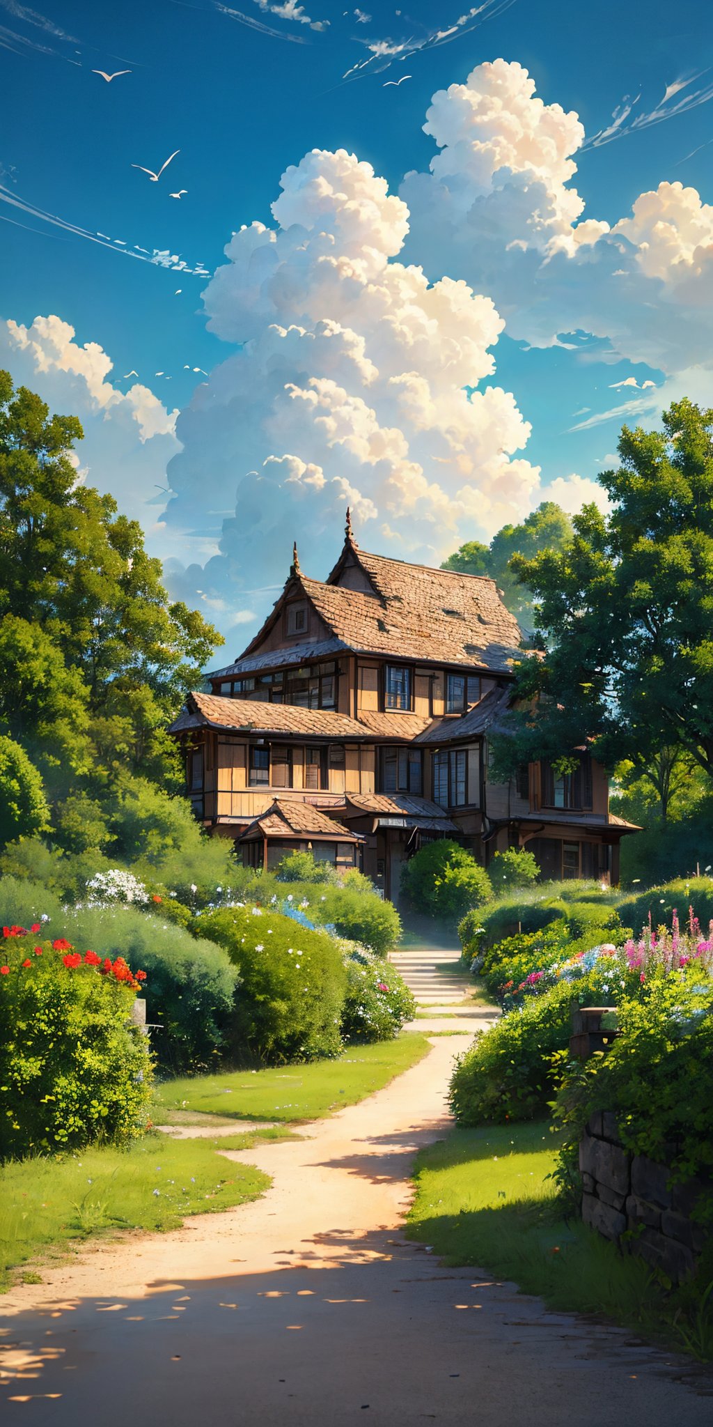 <lora:Beautiful outdoor-Countryside:0.6>,Beautiful outdoor,nature,day,blue sky,house,bird,cloudy sky,path,, 8k, best quality, masterpiece, rule of thirds, superb, high resolution, sharp focus, extremely detailed description, professional, gorgeous and intricate details,