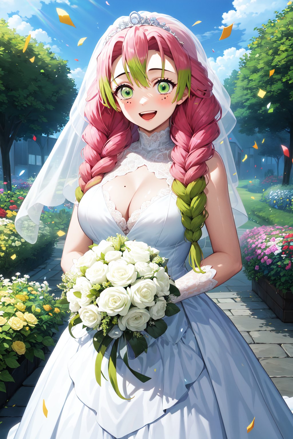 masterpiece, best quality, highres, aamitsuri, long hair, braid, multicolored hair, green eyes, mole under eye, large breasts, <lora:kanroji_mitsuri_v1:0.7>, wedding dress, white gloves, white dress, garden, standing, cowboy shot, holding bouquet, smile, open mouth, confetti,