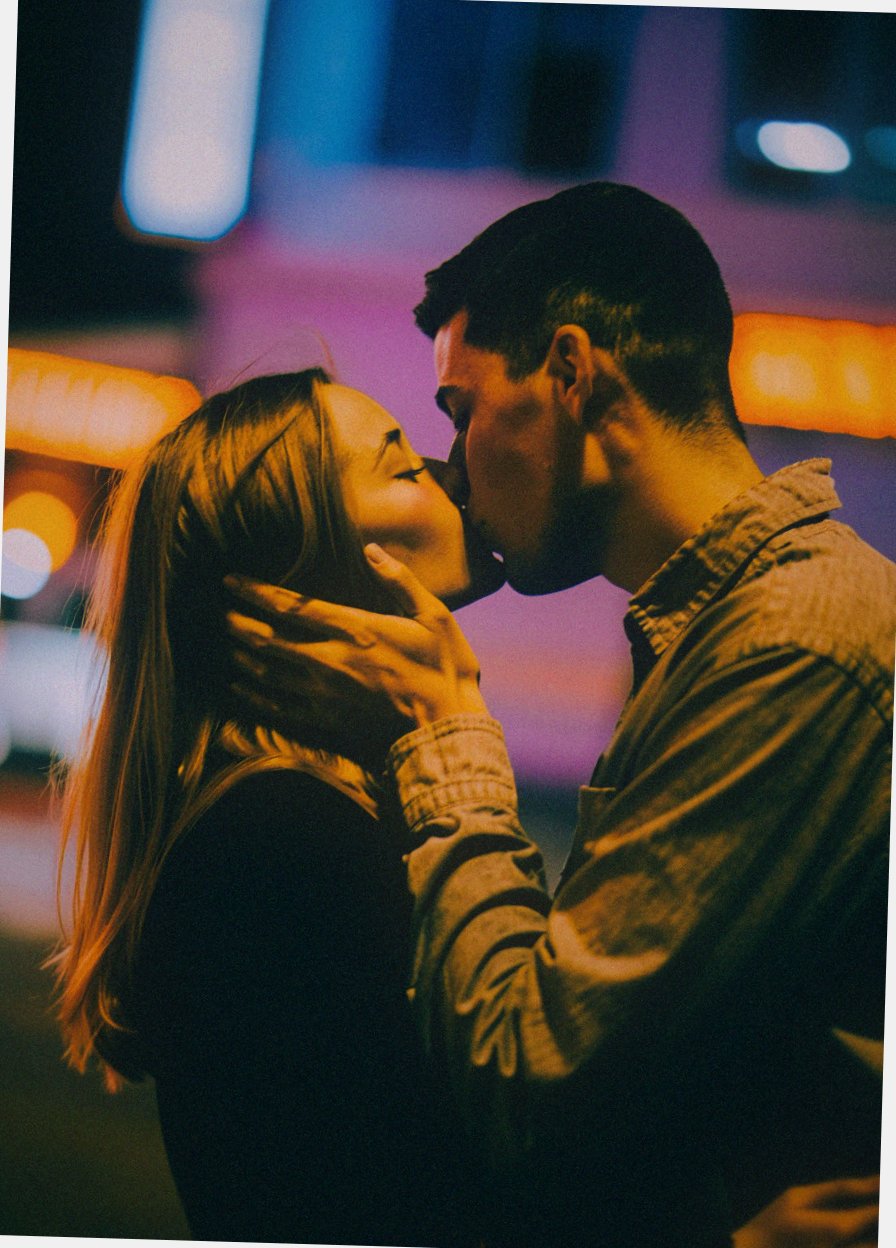 This photograph captures a romantic moment between two people in a blurred,  dreamy urban setting. The image features a co...