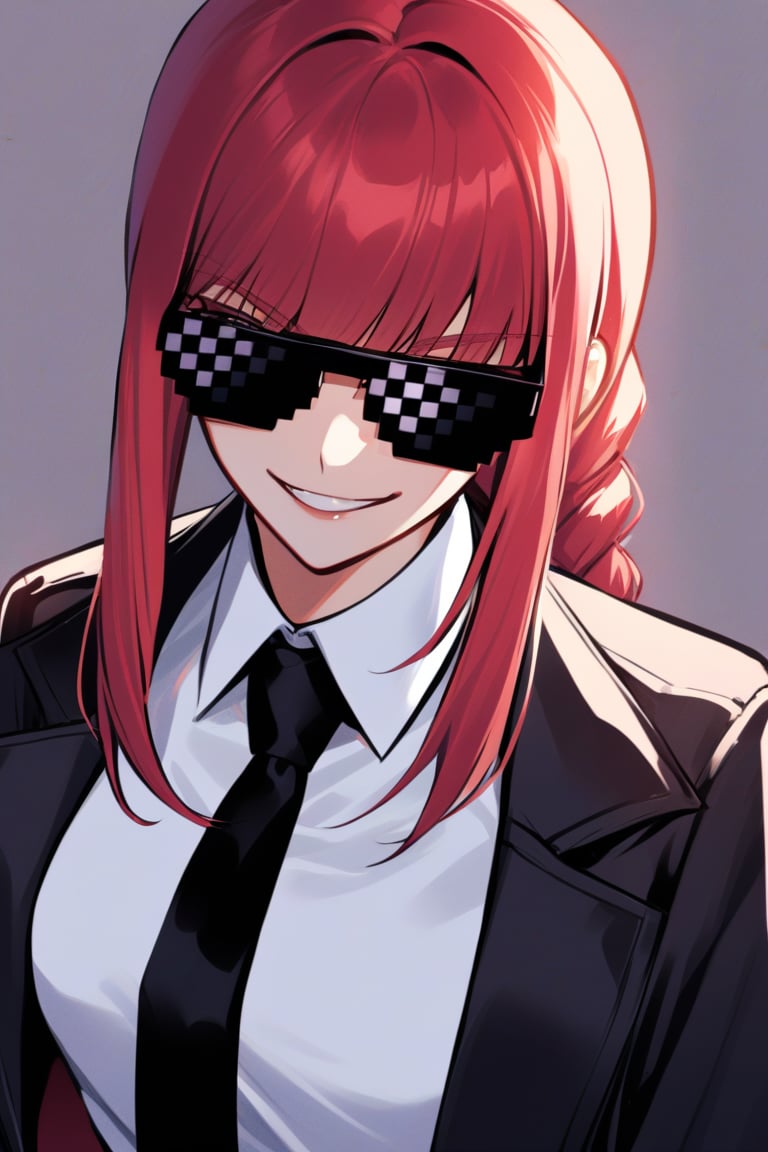 solo, 1girl, makima, smile, looking at viewer, smirk, braided ponytail, IncrsXLDealWithIt, sunglasses, formal, black jacket, white shirt, black necktie, black pants <lora:MakimaXLV7-000003:1> <lora:DealWithIt:1>