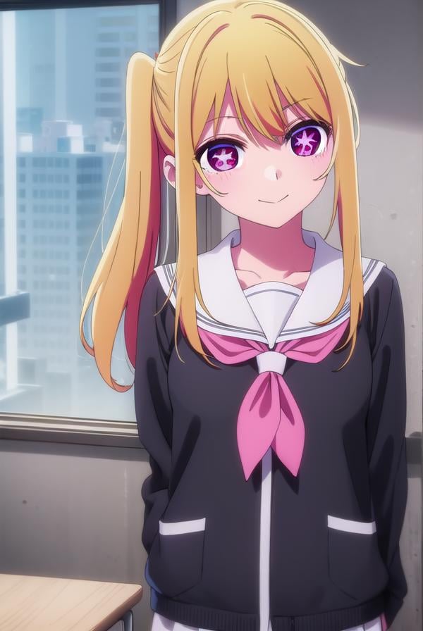 rubyhoshino, <lora:ruby hoshino s1-lora-nochekaiser:1>,ruby hoshino, long hair, bangs, blonde hair, (pink eyes:1.3), sidelocks, side ponytail, (symbol-shaped pupils:1.5), smile,BREAK long sleeves, school uniform, serafuku, sailor collar, neckerchief, cardigan, red neckerchief, white sailor collar,BREAK indoors, classroom,BREAK looking at viewer, (cowboy shot:1.5),BREAK <lyco:GoodHands-beta2:1>, (masterpiece:1.2), best quality, high resolution, unity 8k wallpaper, (illustration:0.8), (beautiful detailed eyes:1.6), extremely detailed face, perfect lighting, extremely detailed CG, (perfect hands, perfect anatomy),