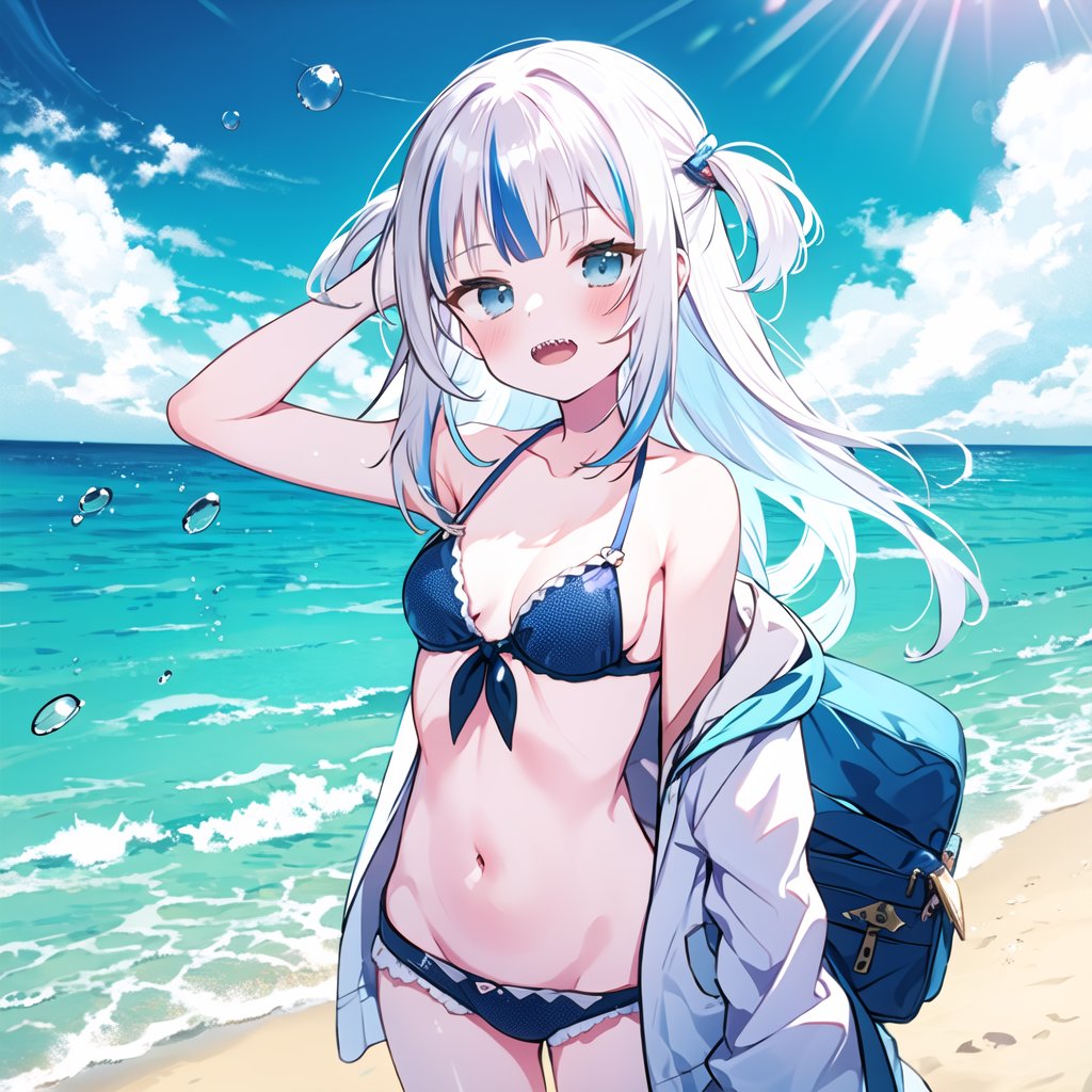 best quality,masterpiece,absurdres,gura,<lora:gura_20231202005931-000010:0.8>,gawr_gura,ocean,virtual_youtuber,1girl,cloud,bubble,swimsuit,water_drop,outdoors,bikini,sky,bare_shoulders,horizon,cloudy_sky,silver_hair,water,long_hair,blue_eyes,air_bubble,multicolored_hair,day,bare_arms,sharp_teeth,collarbone,shorts,streaked_hair,two_side_up,beach,looking_at_viewer,blue_sky,blush,