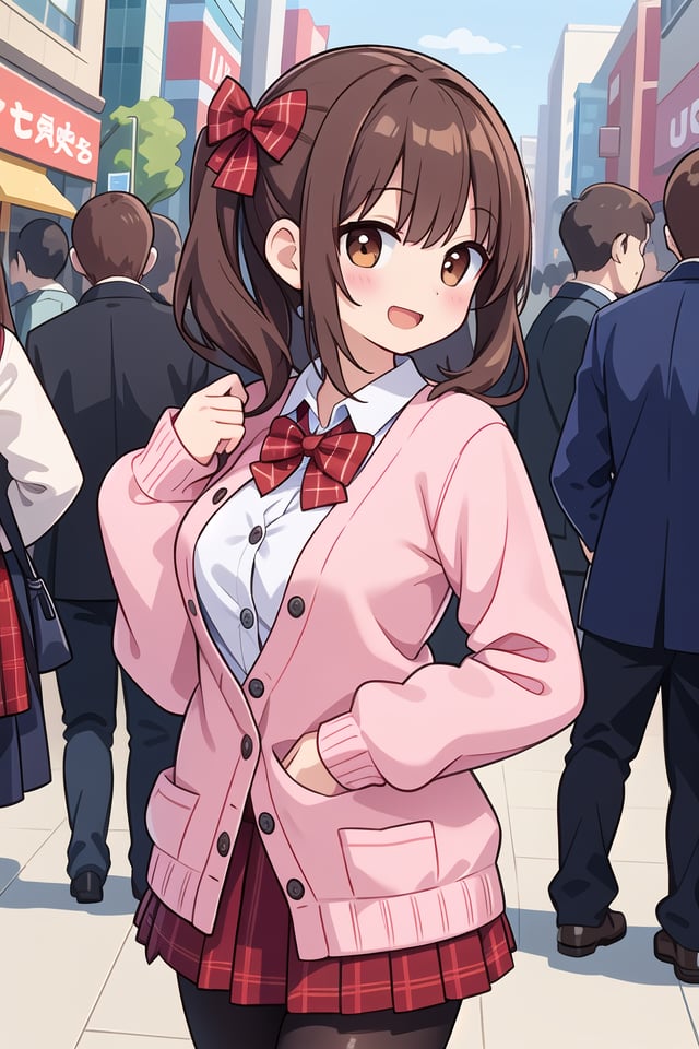 insanely detailed, absurdres, ultra-highres, ultra-detailed, best quality,1girl, solo, nice hands, perfect handsBREAK(School Uniforms:1.2), (pink cardigan is fit body:1.4), ((do up a buttons, not loose):1.5), ((long sleeve, sleeves past wrists):1.2), (inner wear is white collared-shirt:1.3), (red plaid-pattern bow:1.3), (red plaid-pattern pleated skirt:1.3), ((dark-brown pantyhose, loafers):1.2)BREAKhappy smile, laugh, open mouth, standing,from side,cute pose, cowboy shotBREAKslender, kawaii, perfect symmetrical face, ultra cute girl, ultra cute face, ultra detailed eyes, ultra detailed hair, ultra cute, ultra beautifulBREAKin harajuku, shibuya, tokyo, street, crowd, cityscapeBREAKmedium large breasts,(brown hair, brown eyes), hime cut