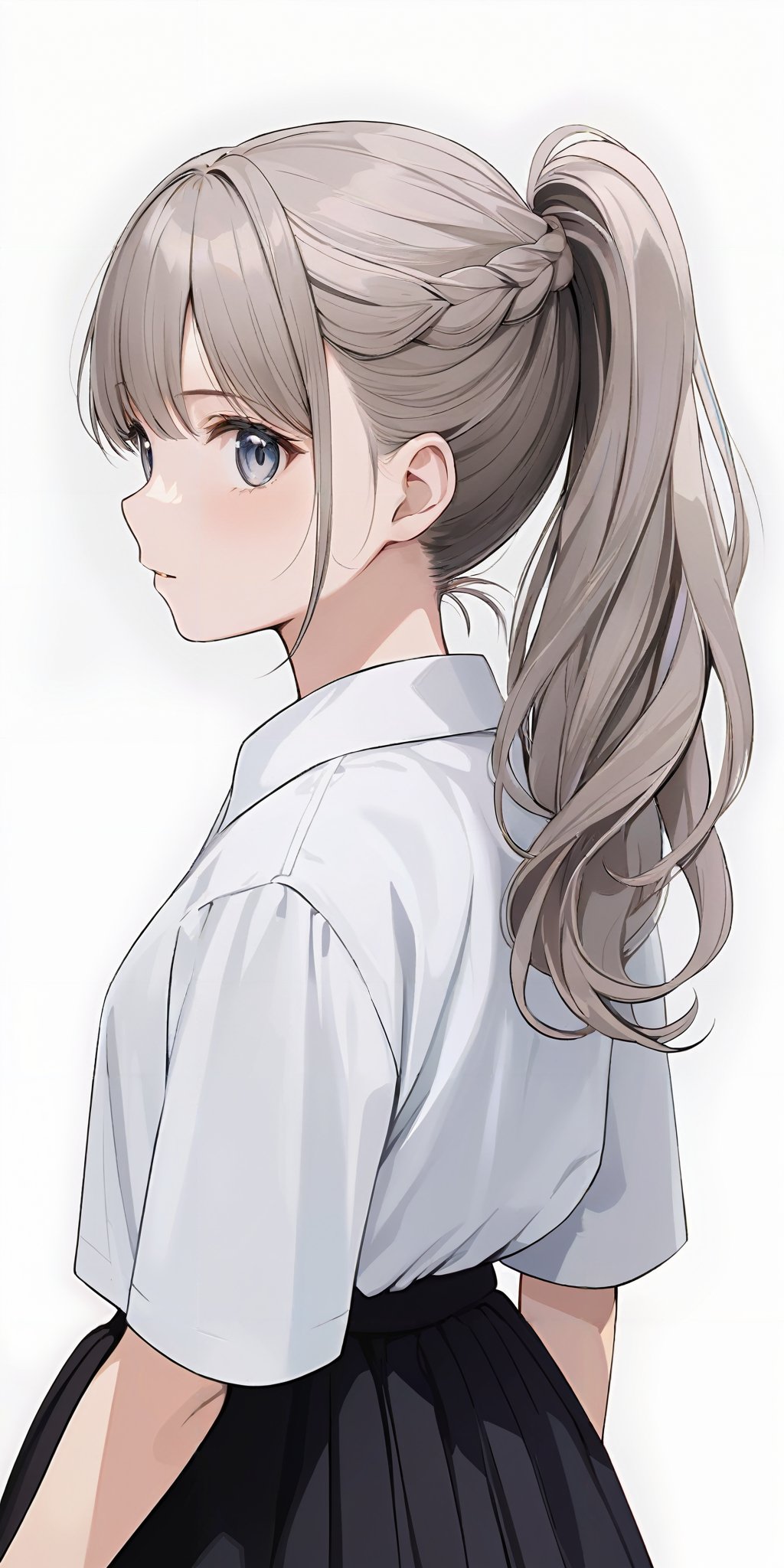 masterpiece,ultra-detailed,best quality,8K,illustration,cute face,clean skin ,shiny hair,girl,ultra-detailed-eyes,simple background,cowboy shot <lora:add-detail-xl:1> <lora:ponytail_XL_V1.0:0.8> ponytail.braid