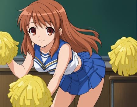 score_9, score_8_up, score_7_up, source_anime,mikuruasahina,  <lora:mikuru-asahina-s1-ponyxl-lora-nochekaiser:1>,mikuru asahina, long hair, brown hair, brown eyes,skirt, pleated skirt, blue skirt, cheerleader, pom pom \(cheerleading\), sleeveless,indoors, classroom, bent over, smile,looking at viewer, dutch angle, cowboy shot, solo,