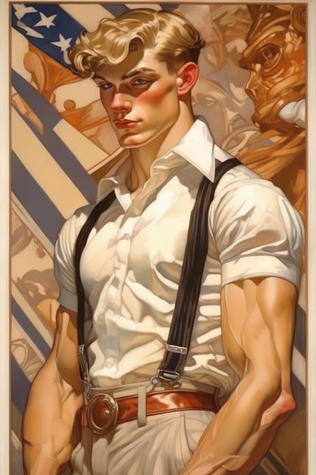 <lora:J.C. Leyendecker Style:1>J.C. Leyendecker Style - handsome young muscular man, in the style of J.C.Leyendecker