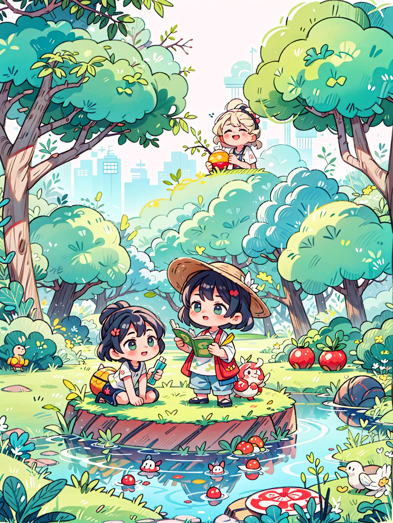 Best Masterpiece, (Childlike Fun), Cute Style, Creative Children's Illustration, Hot Summer, By (Rice Field), Green Rice Field, lush Branches and Leaves, Summer, Cicada Roaming, Standing Next to (Insect Catching Net), Clear Stream, Three Cute Children Fighting in the Water, Happy, Playing, Fun Games, Handdrawn Style, Children's Illustration, Flat Illustration, masterpiece, best quality,, A ink painting of a tranquil orchard with Chinese writing on it and a pair of birds building their nest, with a fruit-laden branch in the foreground, An Zhengwen, organic painting, a minimalist painting, art & language, ink and wash,