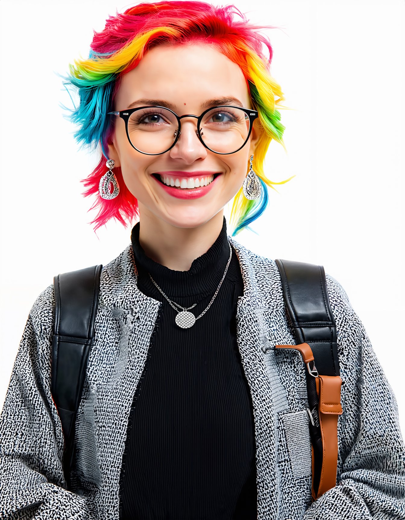 best quality,4k,8k,highres,masterpiece,ultra-detailed, woman, looking at viewer, smile, shirt, jewelry, jacket, upper body, multicolored hair, earrings, glasses, necklace, mole, bag, black shirt, lips, backpack, mole under mouth, forehead, round eyewear, realistic, grey-framed eyewear, makeup_slider_v1_sd3m.safetensors