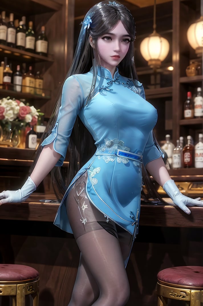 best quality,masterpiece,1girl,white transparent skirt,hair_ornament,flowers,gloves,(transparent pantyhose:1.1),indoor,flowers,huge breasts,<lora:宁荣荣 (4):0.6>,the perfect hand,long black hair,bar,standing,(blue cheongsam:1.2),bar stool,