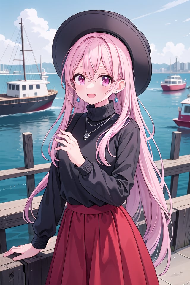 insanely detailed, absurdres, ultra-highres, ultra-detailed, best quality,1girl, solo, nice hands, perfect handsBREAK(nsfw:-1.5),(black theme:1.4), (fit body:1.3), (tight long sleeve and turtleneck (black sweater):1.4), (black heeled boots with lace-up:1.1),BREAK(black and red theme:1.3), ((red) high-waisted ((maxi length skirt, very long A line skirt):1.2) with [plaid pattern]:1.4), ((black) bucket hat with wide brim:1.4),BREAK((earrings, necklace):1.2),(naked skin:-1), (mini skirt:-1), (legs:-1), (straw hat:-1), (red hat:-1), (green hat:-1), (white sweater:-1), (slit:-1), (belt:-1), (multiple necklaces:-1), (navel:-1), (waist:-1), (cleavage:-1.5)BREAKhappy smile, laugh, open mouth,,cute pose, cowboy shot, looking at viewerBREAKslender, kawaii, perfect symmetrical face, ultra cute girl, ultra cute face, ultra detailed eyes, ultra detailed hair, ultra cute, ultra beautifulBREAK(bay, sea, harbor, bay side:1.4), (cityscape in tokyo:1.3), buildings, day, blue sky, panorama view, outdoor, (indoors:-1.3), (day:1.3), (evening:-1.5), (night:-1.5), depth of field, ultra detailed background, (very wide, panorama view, sense of depth, magnificent view:1.3)BREAKmedium breastsBREAKpink hair, pink eyes, crochet braids, hair between eyes