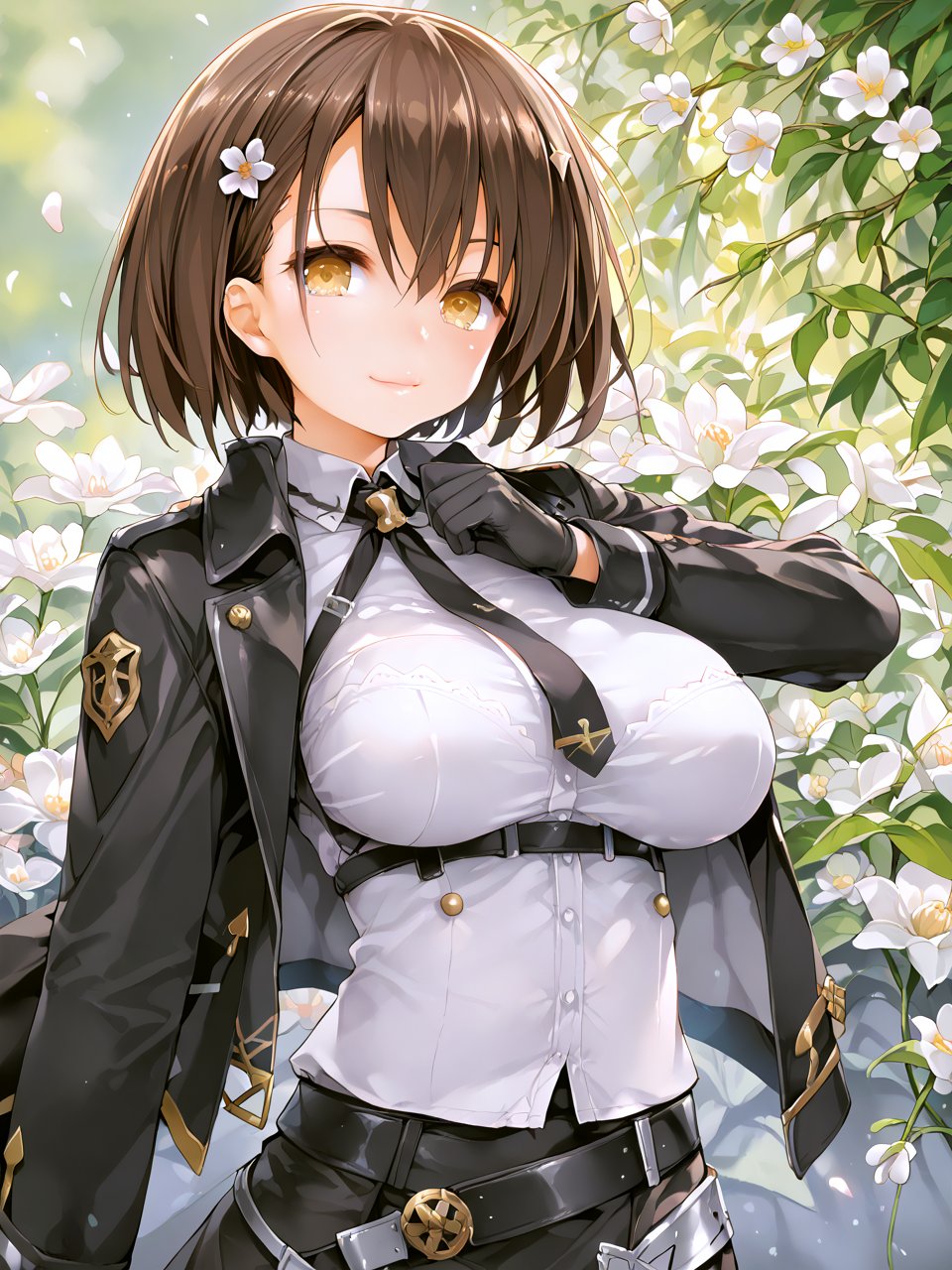 score_anime, score_9, score_8_up, score_7_up, masterpiece, best quality, <lora:Fixhands_V1:0.7> <lora:IshikeiP:1> IshikeiP, 1girl, solo, (upper body:1.5), flower, (baltimore \(azur lane\):1.3), ahoge, belt, black belt, black gloves, black jacket, black skirt, blush, breasts, brown hair, closed mouth, collared shirt, gloves, hair between eyes, jacket, large breasts, long sleeves, necktie, open clothes, open jacket, shirt, short hair, skirt, smile, white shirt, yellow eyes