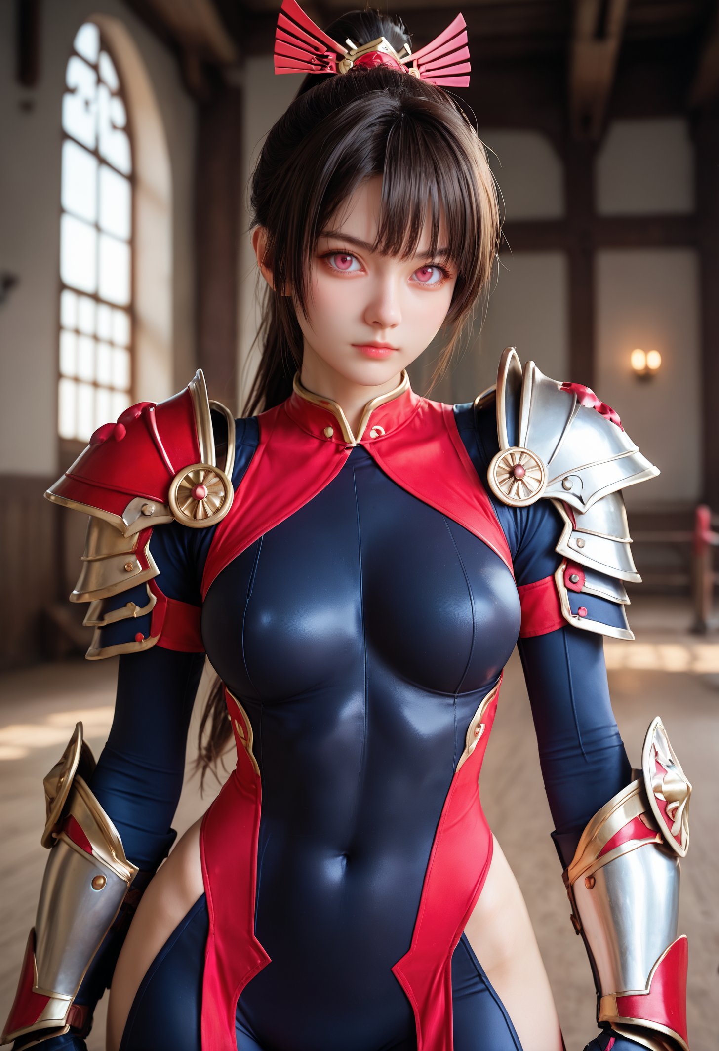 1girl,solo,long hair,looking at viewer,breasts,armor,ponytail,hair ornament,bangs,closed mouth,medium breasts,pink eyes,dress,black hair,cowboy shot,sidelocks,red eyes,brown hair,covered navel,bodysuit,standing,gauntlets,battlefield background,fighting_stance,, score_9,score_8_up,score_7_up,highly detailed,high budget,masterpiece,best quality,perfect anatomy,very aesthetic,8k,