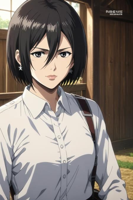 score_9, score_8_up, score_7_up, source_anime, rating_safe, intricate details, anime screencap, , , looking at viewer, , 1girl, solo, <lora:mikasa_ackerman_pony:0.96>, mikasa_ackerman, black hair, black eyes, s3, hair between eyes, short hair, lips, panorama, farm, plantation, indoors, light, holding object, seductive smile, polo shirt, striped pants, star earrings, bobby socks, <lora:sdxl_lightning_8step_lora:1>