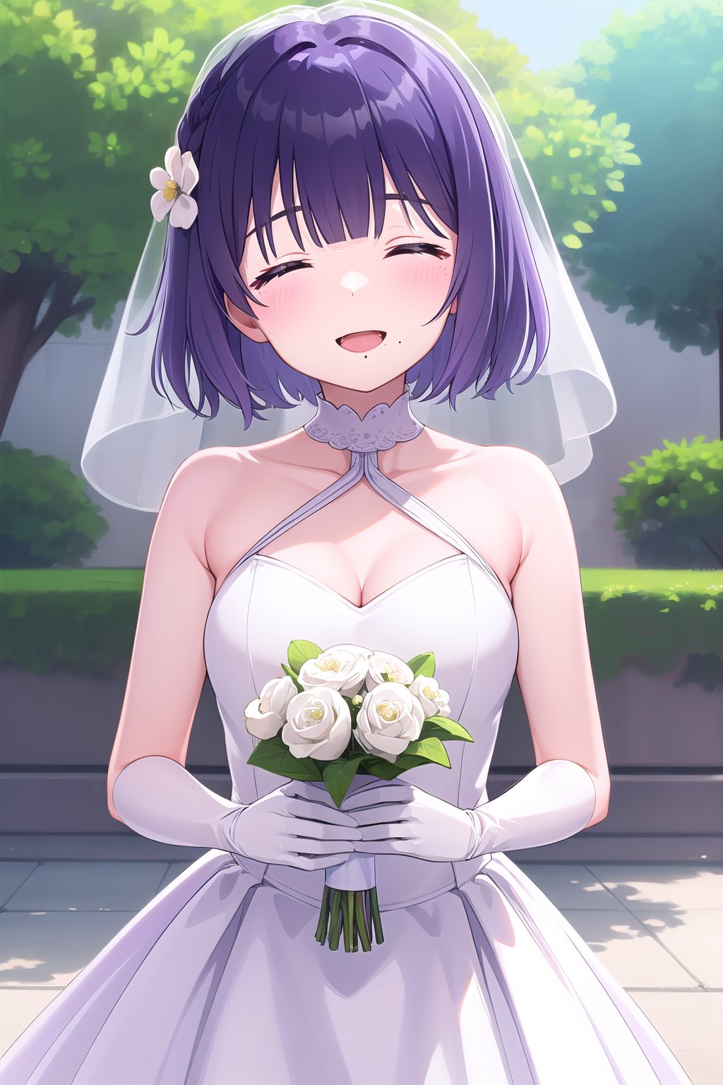 (masterpiece, best quality), highly detailed background, perfect lightingbest quality, hatayamisuzu, solo, outdoors, nature, bridal veil, purple hair, blunt bangs, short hair, closed eyes, mole under mouth, medium breasts, wedding dress, white dress, white gloves, frilled skirt, smile, open mouth, ^o^, <lora:Hataya-Misuzu:0.7>