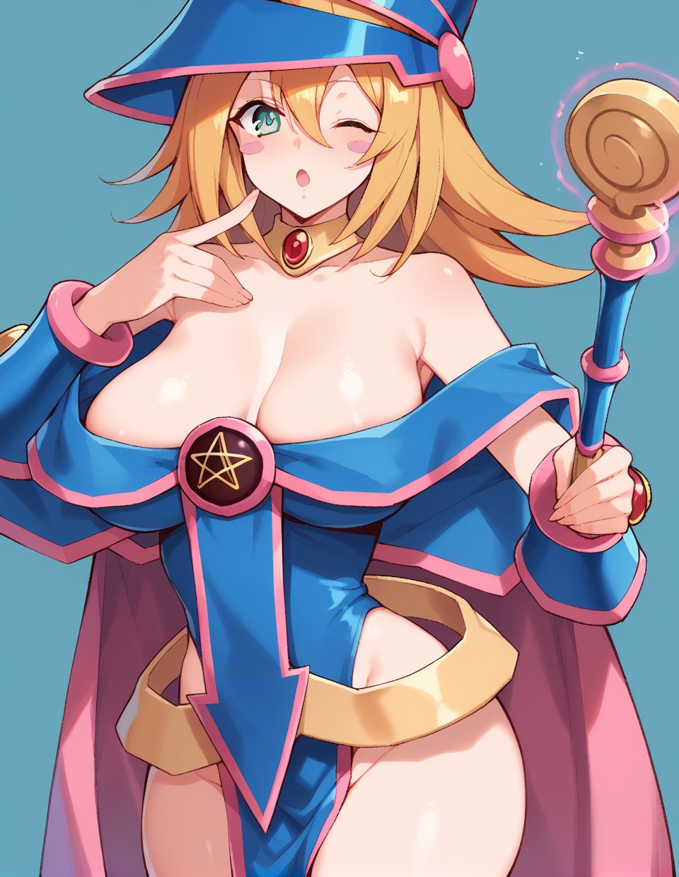 score_9,score_8_up,score_7_up,score_6_up,score_5_up,score_4_up,1girl,<lora:darkmagiciangirl_pony:1>,darkmagiciangirl,duel monster,hat,blush stickers,wizard hat,long hair,hair between eyes,solo,breasts,cleavage,bare shoulders,looking at viewer,magic wand,leotard,skirt,cape,pelvic curtain,