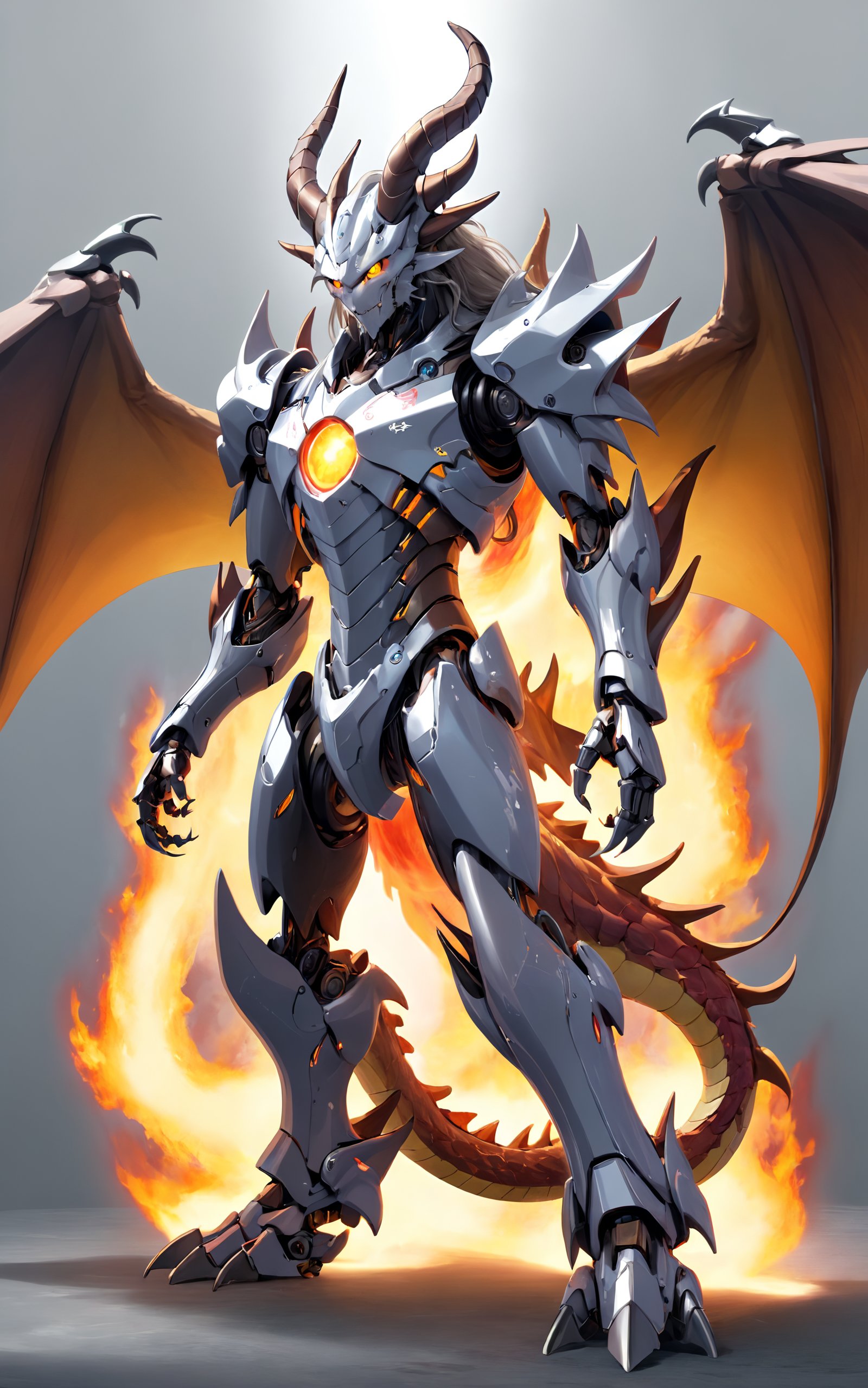 highres,best quality,dragon,monster, claws, fire, full body, glowing, glowing eyes, grey background, horns, long hair, mecha, robot, science fiction, solo, standing