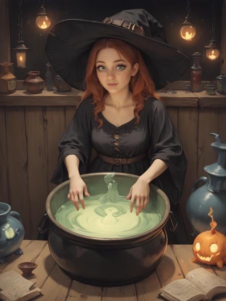 score_9, score_8_up, score_7_up, score_6_up, score_5_up, score_4_up,  <lora:ph4nt0m01lXLP:0.7> ph4nt0m01l, 1girl, witch, cauldron, ghosts, cute