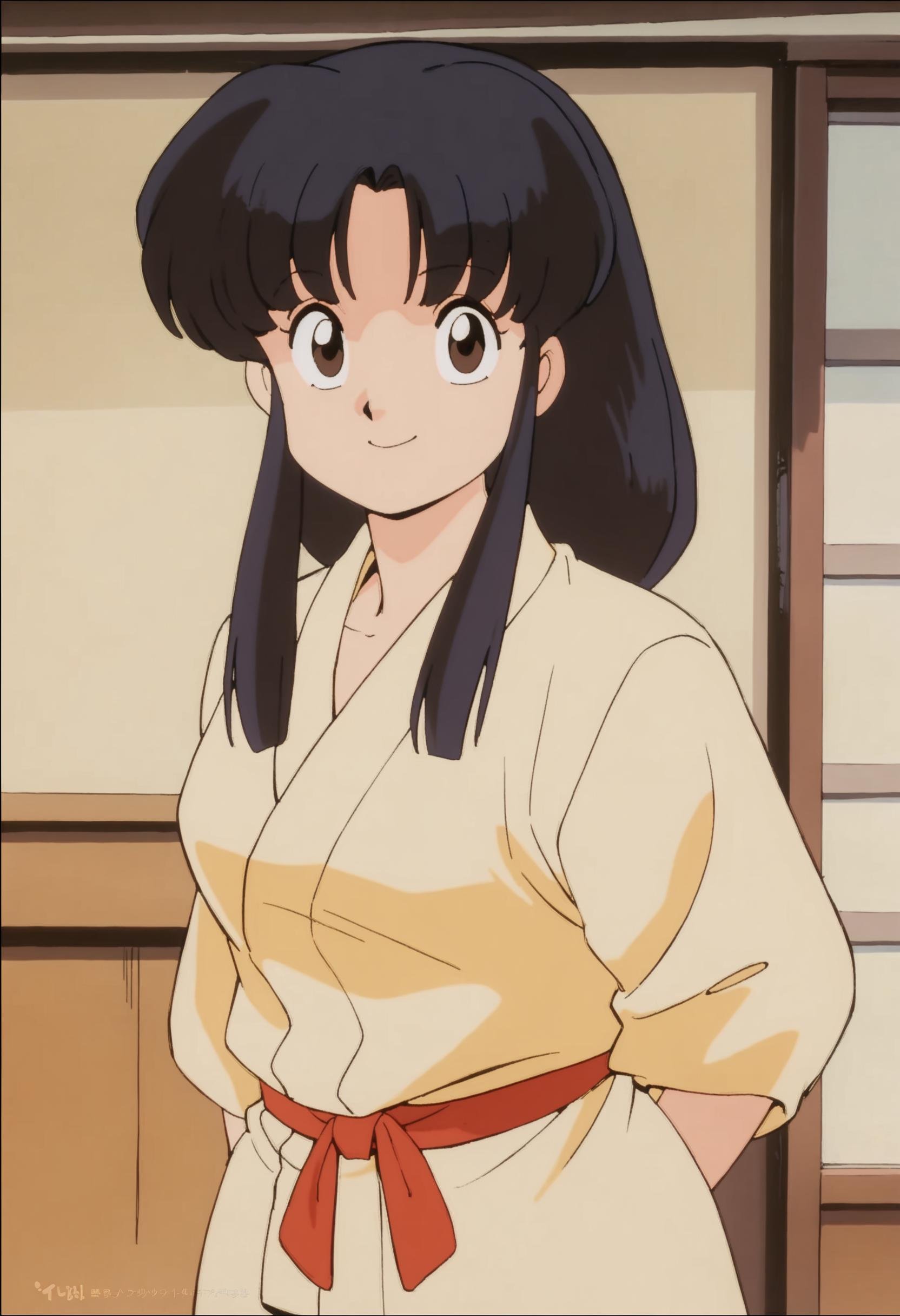 1girl, solo, tendoakane,dougi,martial arts belt, red belt, retro artstyle, long hair, bangs, sidelocks, indoors, standing,happy,smile,looking at viewer, cowboy shot, <lora:akane tendo_xl_v2:0.7>,