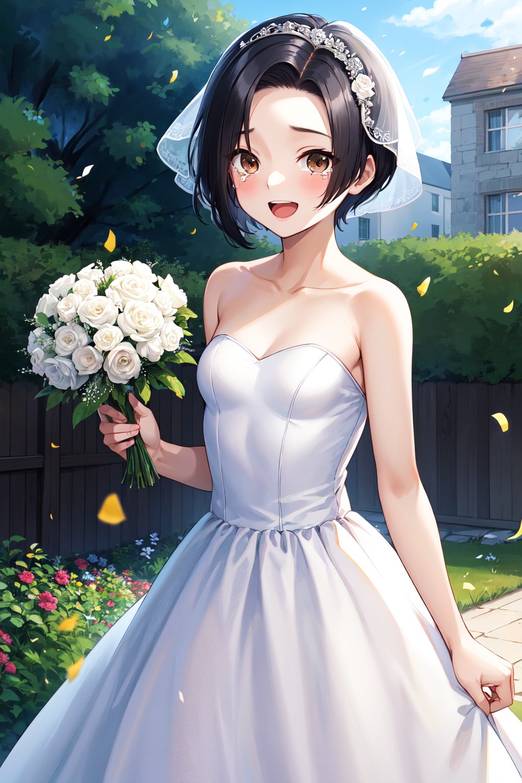 masterpiece, best quality, highres, aarinko, aarinko, short hair, black hair, bob cut, <lora:kobayakawa_rinko_v1:0.7>, smile, open mouth, tears, standing, cowboy shot, bridal veil, wedding dress, white dress, strapless, small breasts, garden, confetti, holding bouquet, 