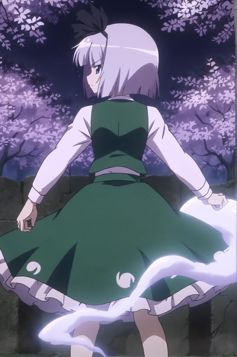 score_9, score_8_up, score_7_up,anime_source, source_anime, best background, detailed background, anime screencap,  Youmu, ghost, green skirt, hitodama, ribbon, serious, shirt, skirt, solo, vest, half turned, from behind, looking back, dynamic camera,  outdoors, cherry blossom, soft particles, <lora:JN_Konpaku_Youmu:0.8>