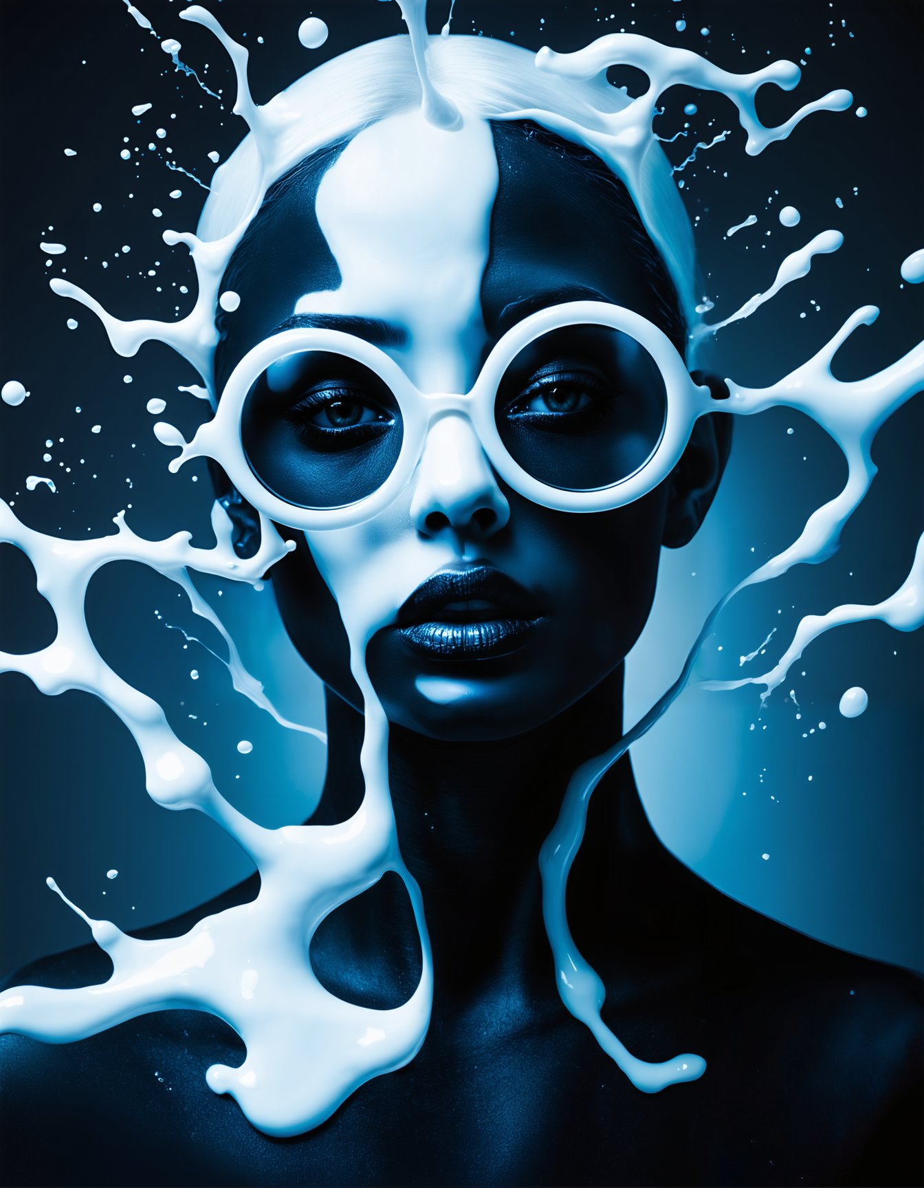 (best quality, 4K, 8K, high-resolution, masterpiece, ultra-detailed, photorealistic), a [woman] with a black face wearing large round [white] glasses, [white] liquid splashing all around, the liquid appears to be thick and glossy, surreal and abstract design, vibrant and bright [white] dominating the image, high contrast between the black face and [white] liquid, the liquid looks like it's melting or dripping off the glasses and face, intense and dynamic visual composition, modern and futuristic art style, dramatic lighting, bold and striking visual elements.