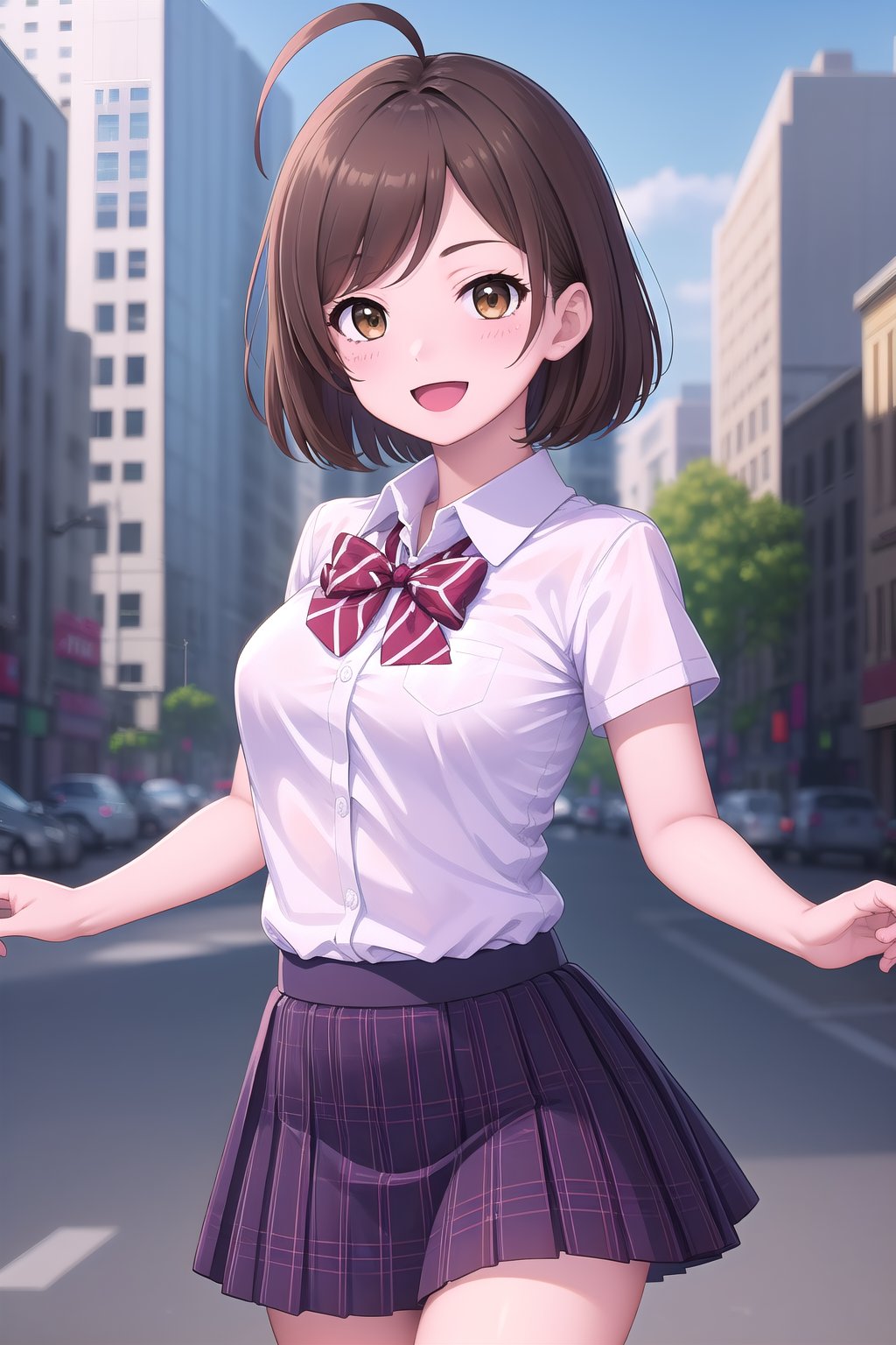 (masterpiece, best quality), highly detailed background, perfect lightingbest quality, imyujin, solo, outdoors, city, brown hair, ahoge, swept bangs, parted bangs, short hair, brown eyes, medium breasts, red bowtie, diagonal-striped bowtie, collared shirt, white shirt, short sleeves, purple skirt, plaid skirt, school uniform, smile, open mouth, :d, <lora:Im-Yujin-05:0.7>