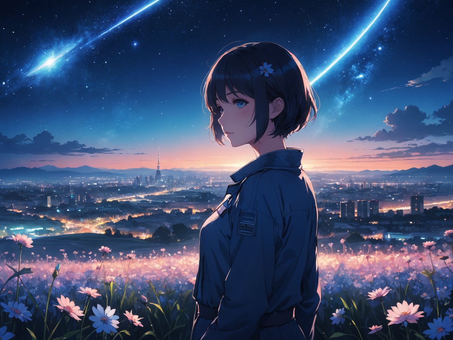 anime girl, night, blue light behind her,  ((Galaxy, Lens flare)), short hair, flower field, night sky, cinematic shot. Wallpaper. (Blue color schema), detailed background, a city in the distance