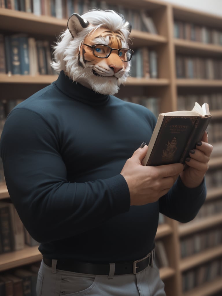 score_9, score_8_up, score_7_up, photorealistic, high quality, furry, male, old, tiger, short medium hair, white hair, beard, blue eye, black turtleneck sweater, muscle gut, pants, smile, glasses, library, reading book, blush