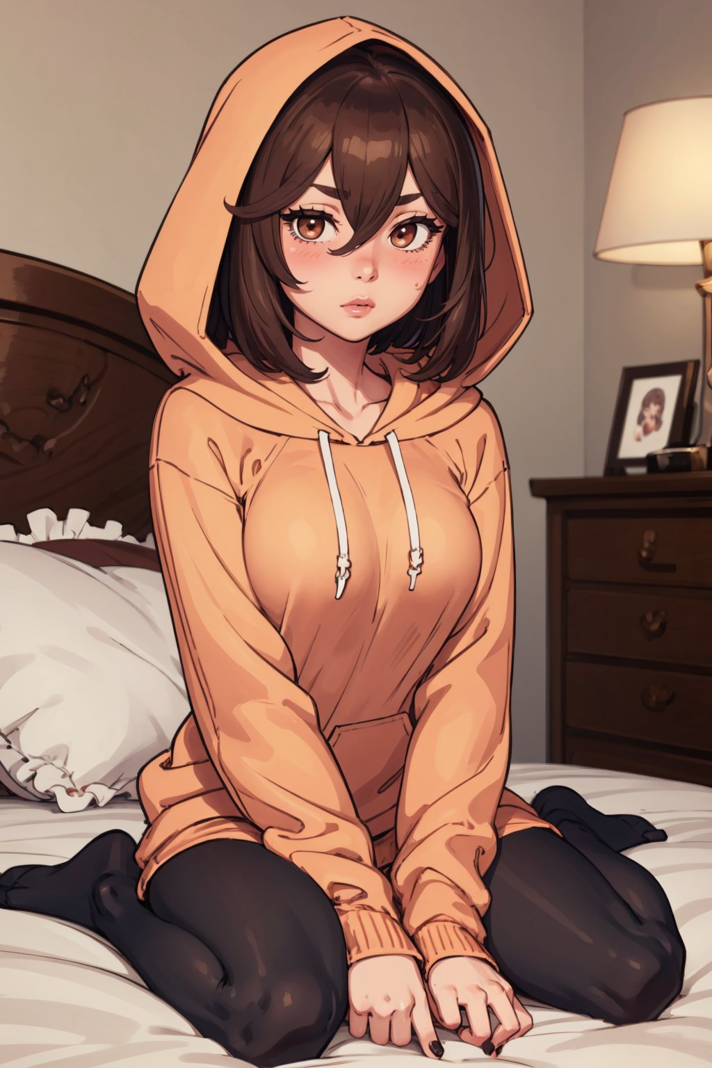 (masterpiece, best quality:1.2),  <lora:bbcchan:.95>, bbcchan, 1girl, solo, drawstring, hood, hood down, brown hair, pantyhose, sleeves past wrists, blue hoodie, blush, blurry background, fine fabric emphasis, no shoes, wariza, bangs, hoodie, blurry, sitting, long sleeves, depth of field, closed mouth, v-shaped eyebrows, hair between eyes, black pantyhose, breasts, nail polish, indoors, brown eyes, medium breasts, puffy long sleeves, looking at viewer, puffy sleeves, on bed