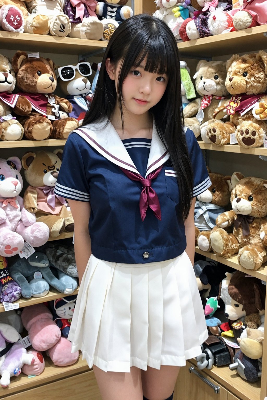 一位留着黑色长发的年轻亚裔女子站在一家玩具店里,  身穿藏蓝色水手服和白色百褶裙。她周围摆满了各种各样的毛绒玩具熊。 by 天TIN on Tensor.Art