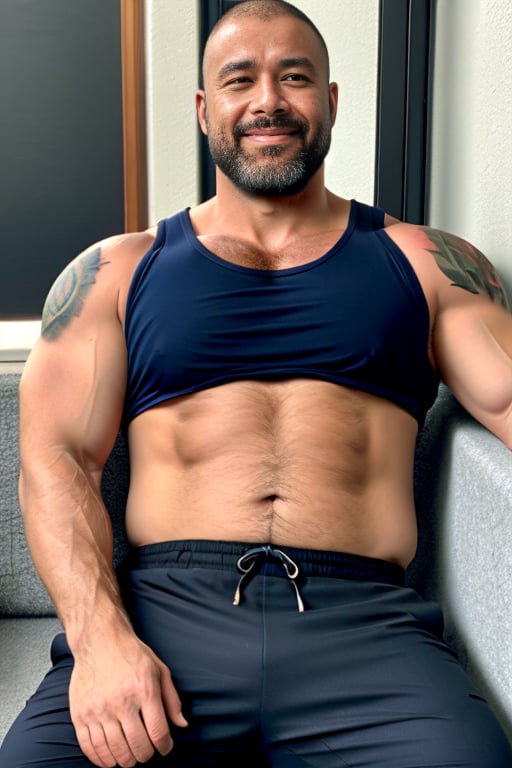 1boy, arm hair, beard, chest hair, tank top, short pants, euphil, feet out of frame, male focus, male underwear, mature male, muscular, muscular male, navel, realistic,short hair, solo, solo focus, sit on back, tattoo,thick thighs,<lora:SD1.5_EUPhil.v1.0:0.6>