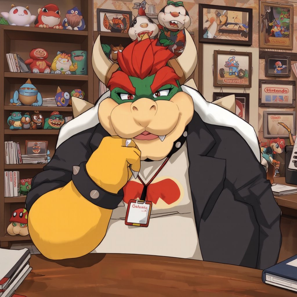 Bowser is in an office environment,  leaning on a desk with a thoughtful expression,  his chin resting on his hand. Dresse...
