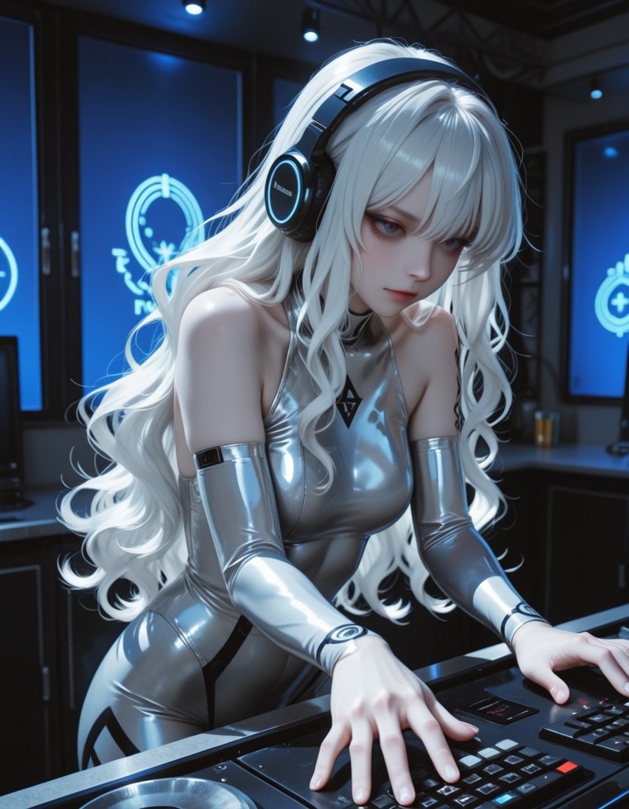 Remote wide-angle front-view anime-style digital illustration of a cool,  extremely beautiful woman standing behind a DJ b...